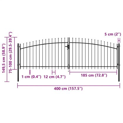 Двойна градинска врата със заострени върхове, 400x150 см