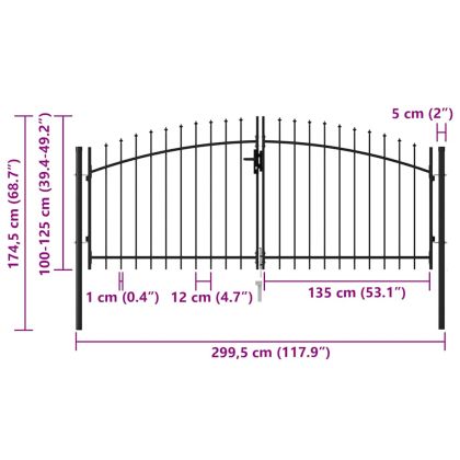 Оградна порта две врати с остри върхове стомана 3х1,25 м черна
