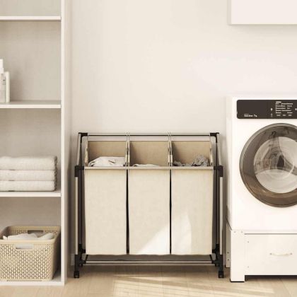 Кош за сортиране на пране с 3 торби, кремав, стомана