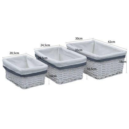 Комплект от 3 прибиращи се кошници, бял, върба