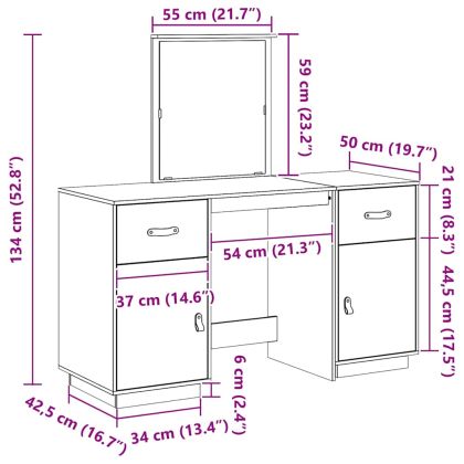 Комплект тоалетка с огледало, меденокафяво, борово дърво масив