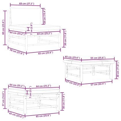 Градински лаундж комплект кремави възглавници 3 части бамбук