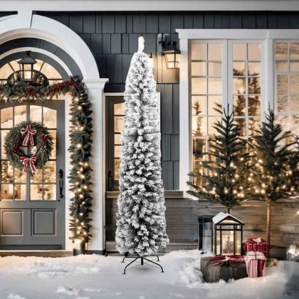 Тънка изкуствена коледна елха с флокиран сняг зелена 210 см PVC