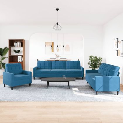 Комплект дивани от 3 части, с възглавници, син, кадифе