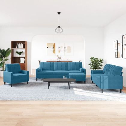 Мека мебел от 4 части с възглавници и болстери син кадифе