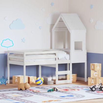 Високо легло с покрив, бяло, 75x190 см, борово дърво масив