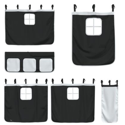 Двуетажно легло със завеси, бяло и черно, 90x200 см, бор масив