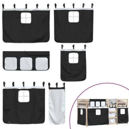 Двуетажно легло със завеси, бяло и черно, 90x200 см, бор масив