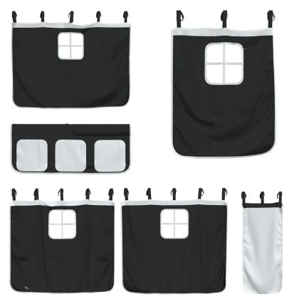 Двуетажно легло със завеси, бяло и черно, 90x190 см, бор масив