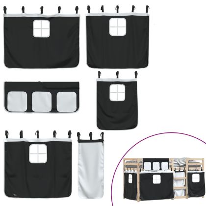 Двуетажно легло със завеси, бяло и черно, 90x190 см, бор масив