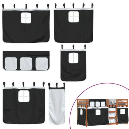 Двуетажно легло със завеси, бяло и черно, 90x200 см, бор масив