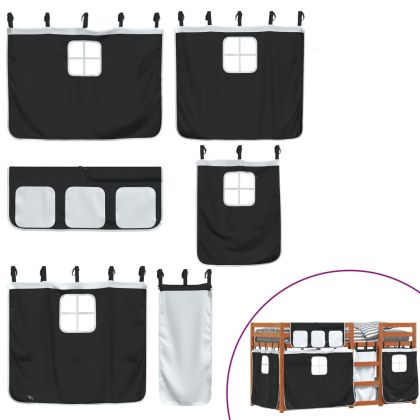 Двуетажно легло със завеси, бяло и черно, 90x190 см, бор масив