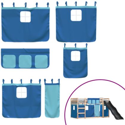 Двуетажно легло с пързалка и завеси, синьо, 80x200 см