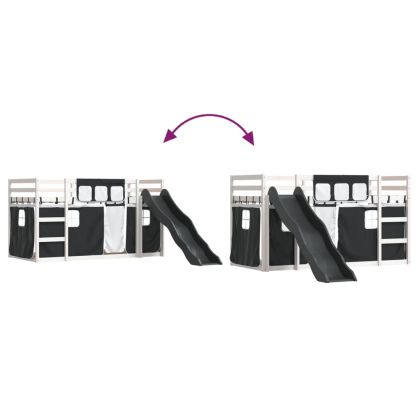 Двуетажно легло с пързалка и завеси, бяло и черно, 80x200 см