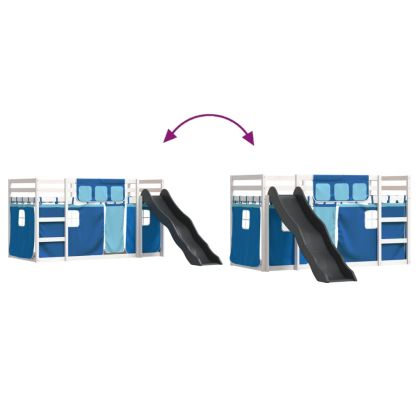 Двуетажно легло с пързалка и завеси, синьо, 80x200 см