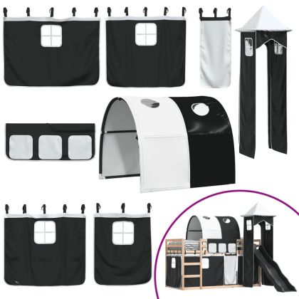 Двуетажно легло с пързалка и завеси, бяло и черно, 80x200 см