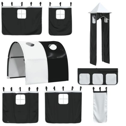 Двуетажно легло с пързалка и завеси, бяло и черно, 80x200 см