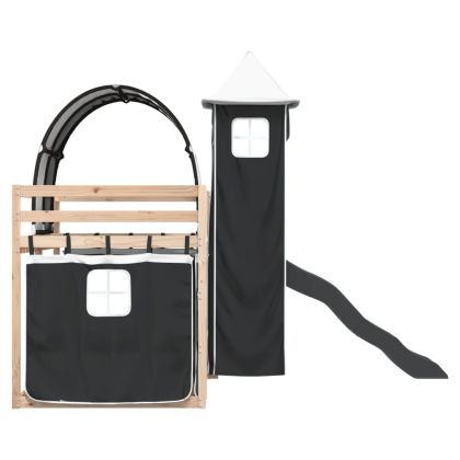 Двуетажно легло с пързалка и завеси, бяло и черно, 80x200 см