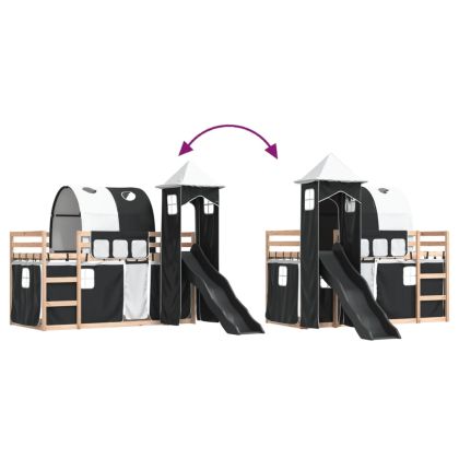 Двуетажно легло с пързалка и завеси, бяло и черно, 80x200 см