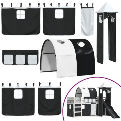 Двуетажно легло с пързалка и завеси, бяло и черно, 80x200 см