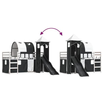 Двуетажно легло с пързалка и завеси, бяло и черно, 80x200 см