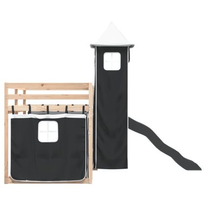 Двуетажно легло с пързалка и завеси, бяло и черно, 80x200 см