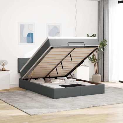 Османска легло с матрак и LED, тъмносиво, 140x200 см, плат