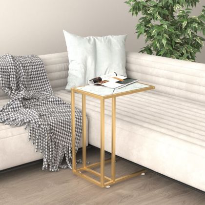 Странична маса за компютър, бял мрамор, 50x35x65 см, стъкло