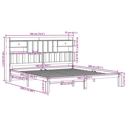 Легло с етажерка за книги, без матрак, 180x200 см, бор масив
