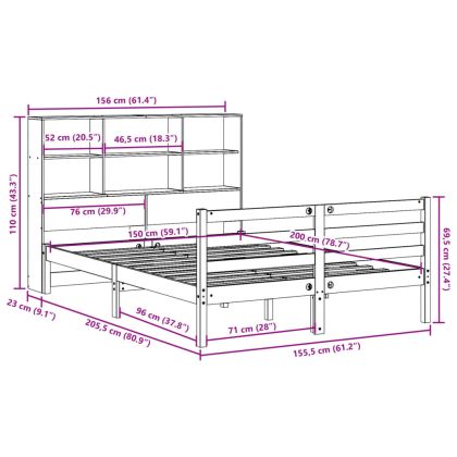 Легло с етажерка за книги, без матрак, 150x200 см, бор масив