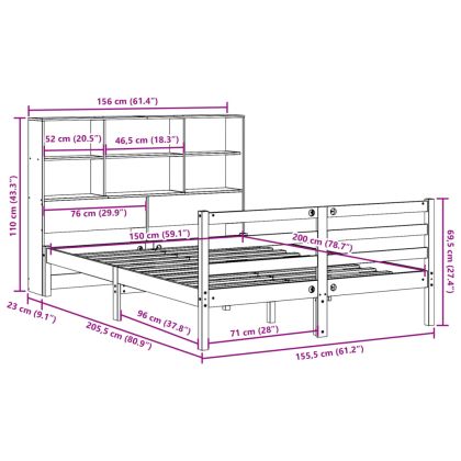 Легло с етажерка за книги, без матрак, 150x200 см, дърво масив