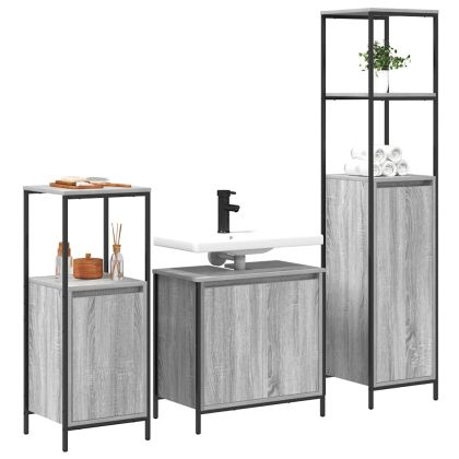 Комплект мебели за баня с рафт 3 pcs Сив Сономски дъб и черно