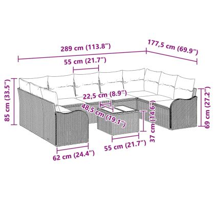Градински Софа Комплект с възглавница 10 pcs Сив Полиратан