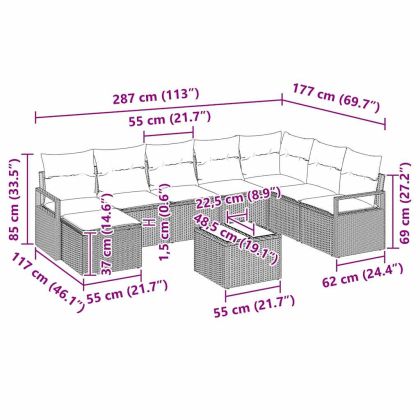 Градински Софа Комплект 9 pcs Сив Полиратан