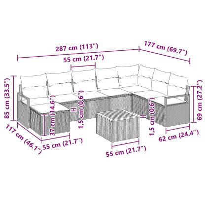 Градински Софа Комплект с възглавница 9 pcs Черно Полиратан