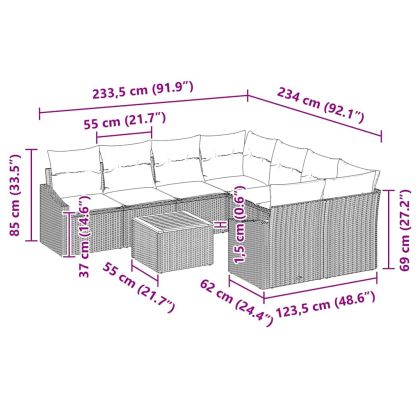 Градински Софа Комплект с възглавница 9 pcs Черно Полиратан