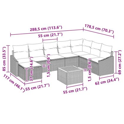 Градински Софа Комплект с възглавница 9 pcs Черно Полиратан