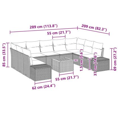 Градински Софа Комплект с възглавница 10 pcs Черно Полиратан