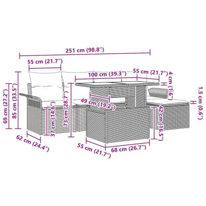Градински Софа Комплект с възглавница 6 pcs Сив полиратан
