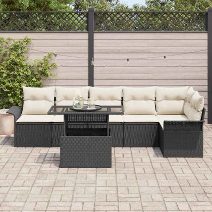 Градински Софа Комплект с възглавница 7 pcs Черно Полиратан
