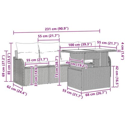 Градински Софа Комплект с възглавница 5 pcs Сив Полиратан