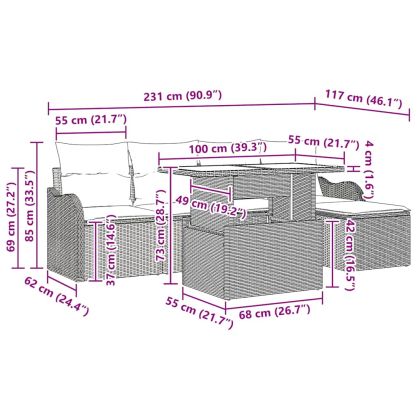 Градински Софа Комплект с възглавница 6 pcs Кафяво Полиратан