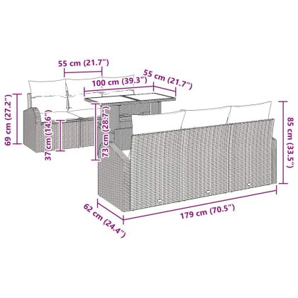 Градински Софа Комплект с възглавница 7 pcs Черно Полиратан