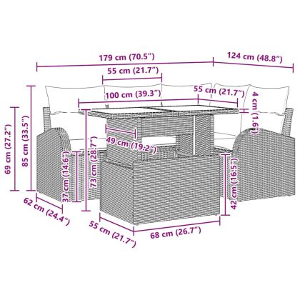 Градински Софа Комплект с възглавница 5 pcs Черно Полиратан