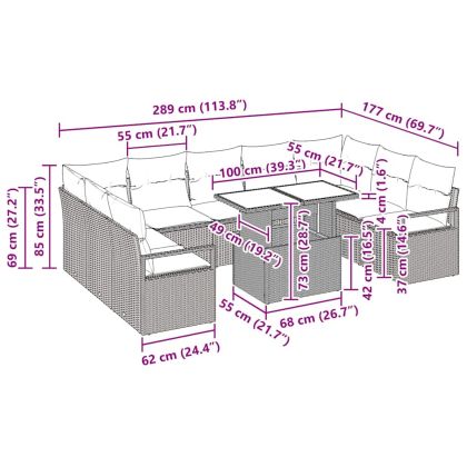 Градински Софа Комплект 10 pcs Черно и кремаво полиратан