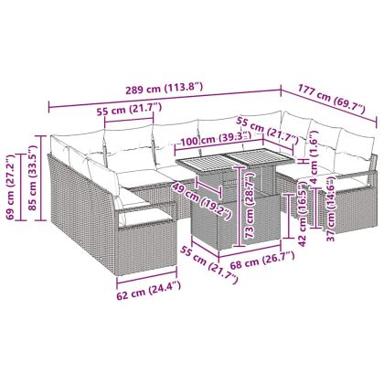 Градински Софа Комплект с възглавница 10 pcs Черен и кафяв
