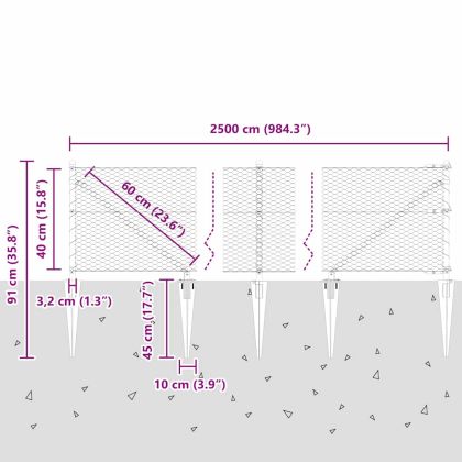 Оградa с колчета Сив 0.4 x 25 м Покрит със PVC стомана