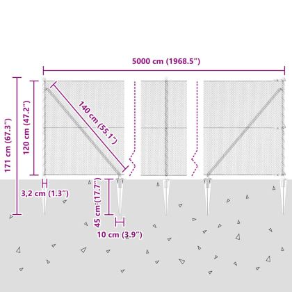 Оградa с колчета Сив 1.2 x 50 m Покрит със PVC стомана