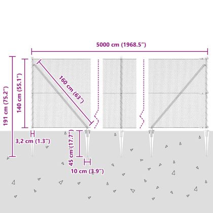 Оградa с колчета Сив 1.4 x 50 m Покрит със PVC стомана