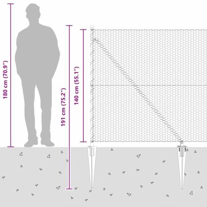 Оградa с колчета Сив 1.4 x 50 m Покрит със PVC стомана